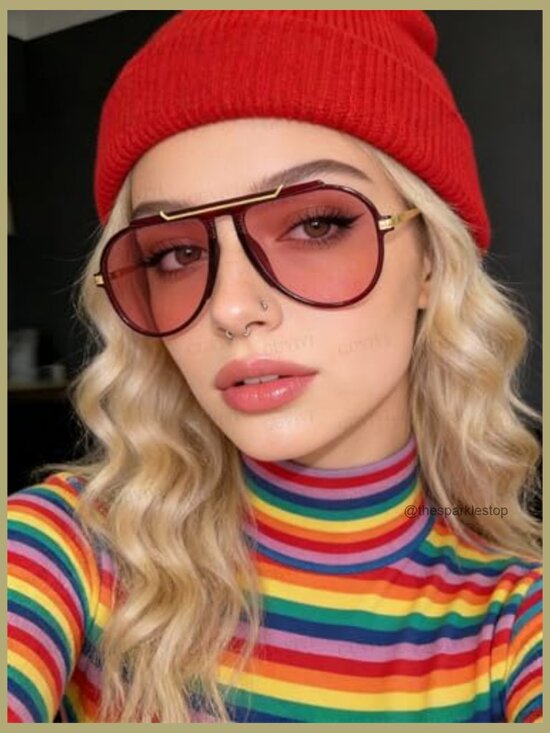 Oversized Aviator Sunglasses Gold Metal Tangle Free Retro main image 5